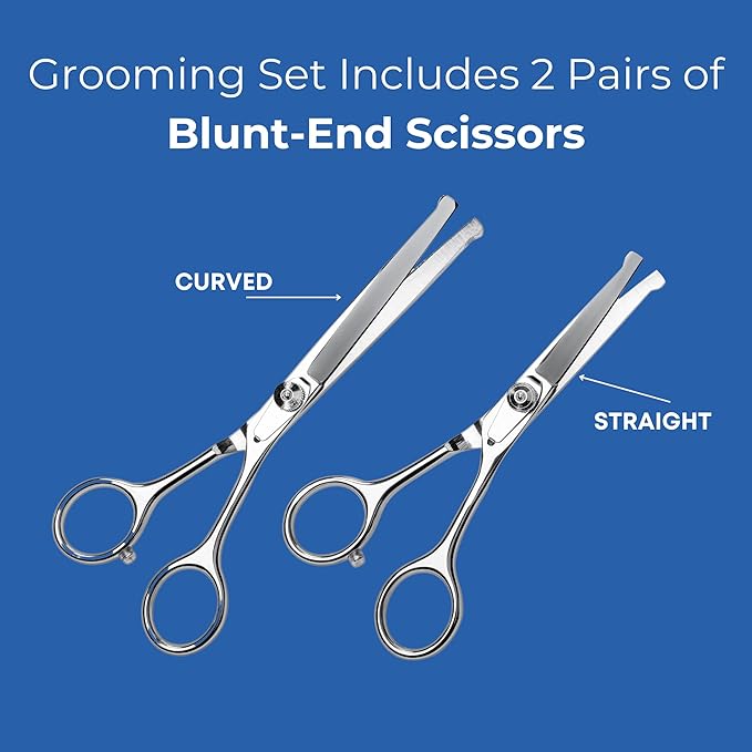 Pet Grooming Scissors Set With Round Tips For Dogs & Cats - Professional Grade Shears Safely Cut Through Dog or Cat Hair - Fur Trimming Made Easy - (Set of 2)
