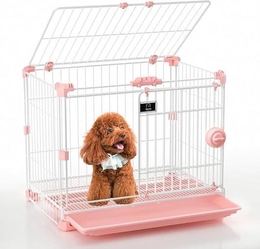 Dog Crate for Small Dogs Under 25lbs,24 inch Pink Thick Metal Dog Kennel Indoor Wire Cage with Double Door and Removable Tray for Pets,Puppy and Animal