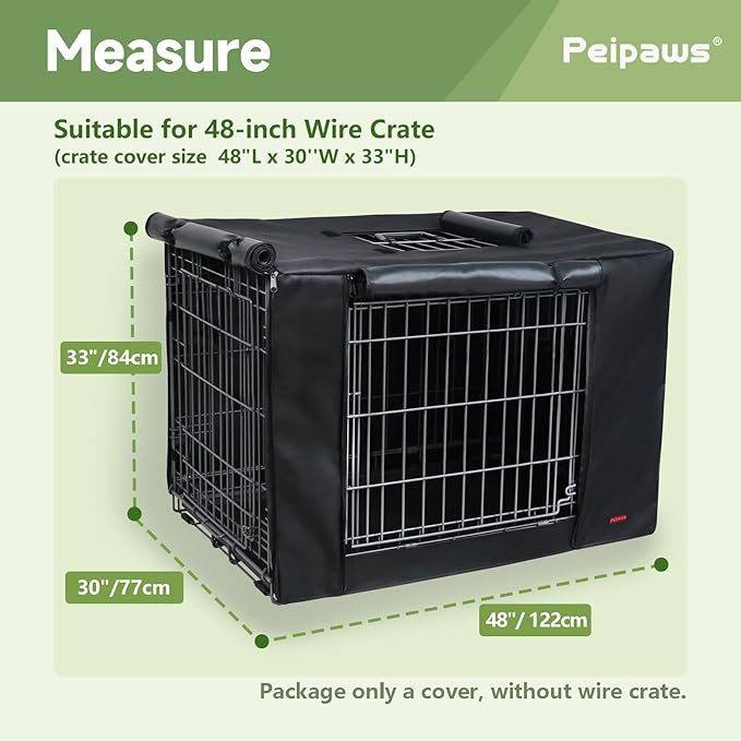 Dog Crate Cover 48 Inch - Waterproof Kennel Cover with Top Window, 600D Oxford Fabric Dog Cage Cover Fit for Most Double Door Wire Crate, Unique Drinking Hole Design, Black (Cover Only)