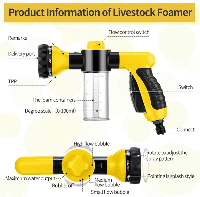 6 Pieces Dog Wash Hose Attachment with Soap Dispenser Pet Bathing Tool Set Dog Comb Brush for Pet Washing(8.27 x 4.72 x 5.51 Inch,Yellow)