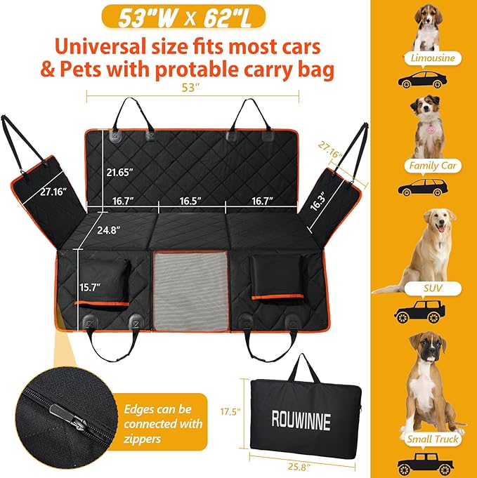 Back Seat Extender for Dogs - Holds 400lb, Hard Bottom Dog Bed Back Seat Cover, Pet Car Seat Cover Backseat Extender, Waterproof Dog Car Hammock for Car, SUV, Truck, Black/Orange