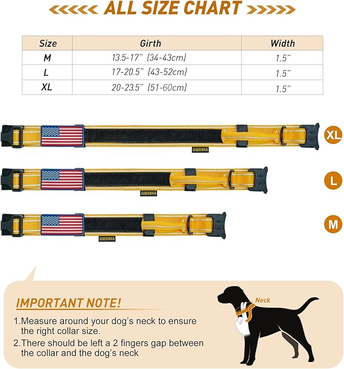 AUBELL Reflective Dog Collar, Tactical Dog Collar Military Dog Collar Adjustable Nylon Dog Collar with Handle and Quick Release Buckle for Medium Large Dogs, with Airtag Case and 2 Patches(Yellow, M)