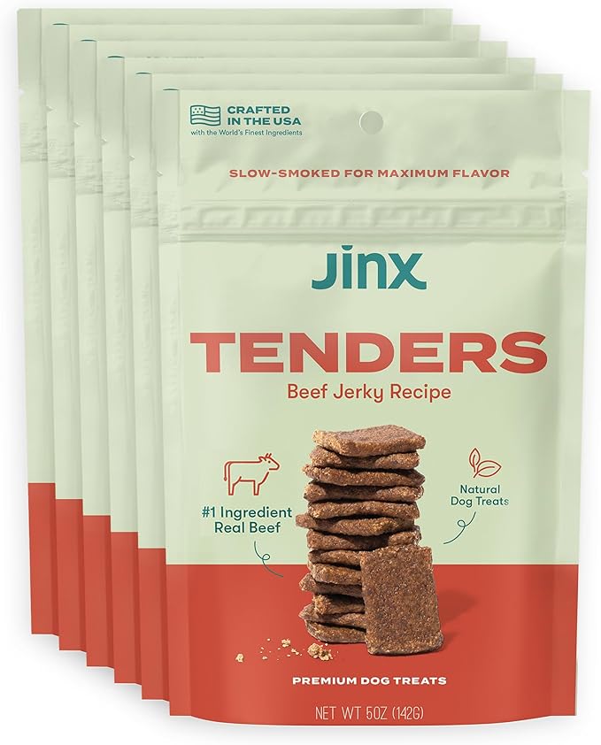 Jinx Tenders Beef Jerky Dog Treats, All Natural Ingredients, Soft and Chewy, Low-Calorie, Slow-Smoked Beef & Liver, No Fillers, 5oz, 6 Pack