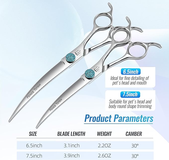 Fenice Professional Grooming Curved Shear: 30 Degree Super Curves Scissors for Dogs 6.5" Big Arc Curved Shears Made Of Japanese 440C Stainless Steel