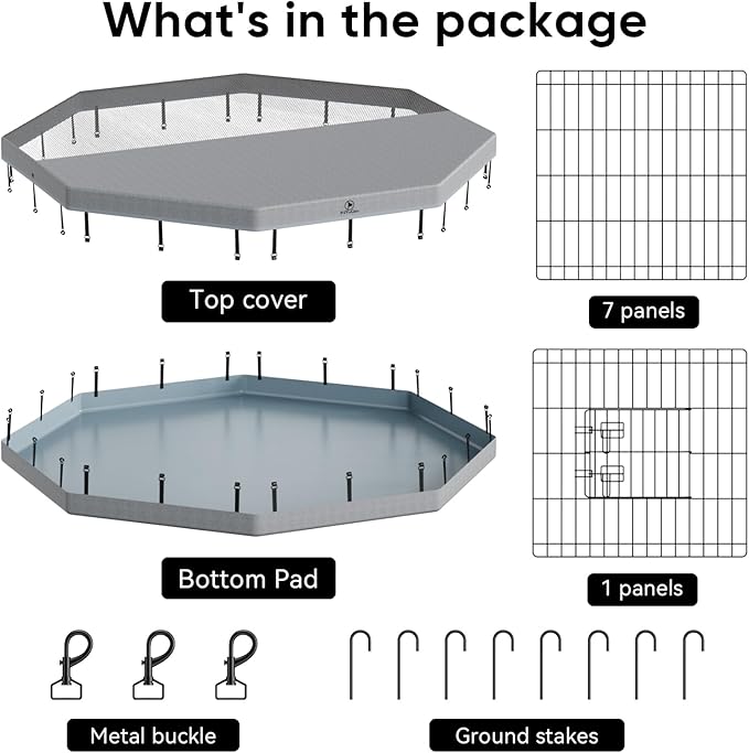 PJYuCien Dog Playpenr，8 Panels 30”H Dog Playpen with Gery Bottom Pad and Grey Top Cover，Metal Foldable Dog Exercise Pen for Indoor，Better for Medium Animals,Black