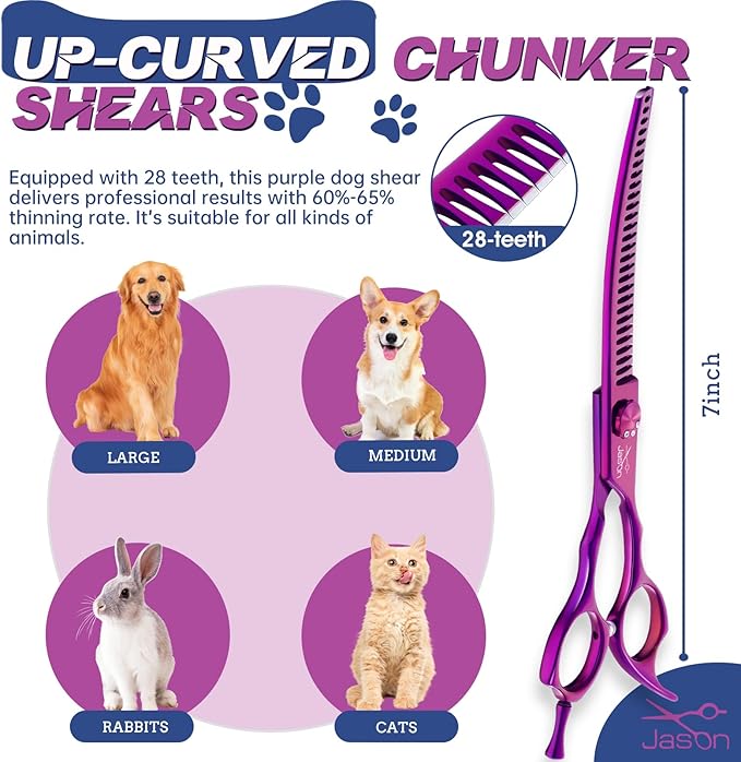 JASON 7" Dog Grooming Scissors - Ergonomic Curved Chunkers Purple Curved Dog Shears 440C Stainless Steel Grooming Shears Professional Pet Shears For Groomer (28-Teeth, Down-curved)