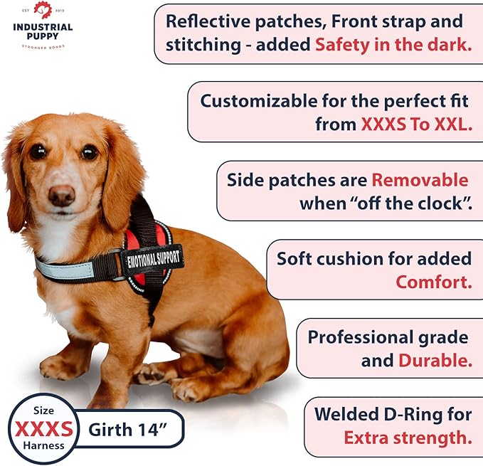 Emotional Support Dog Vest Harness with Reflective Straps, Interchangeable Patches, & Top Handle - ESA Dog Vest in 8 Sizes - Heavy Duty Emotional Support Dog Harness for Working Dogs (Red, XXXS)
