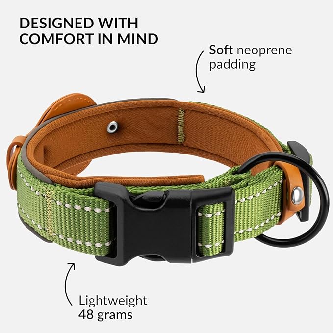 CollarDirect Airtag Dog Collar Reflective Nylon Neoprene Leather Holder for Apple Air Tag for Large, Medium, and Small Dogs (Green, M, 13.5-16.5 Inch)