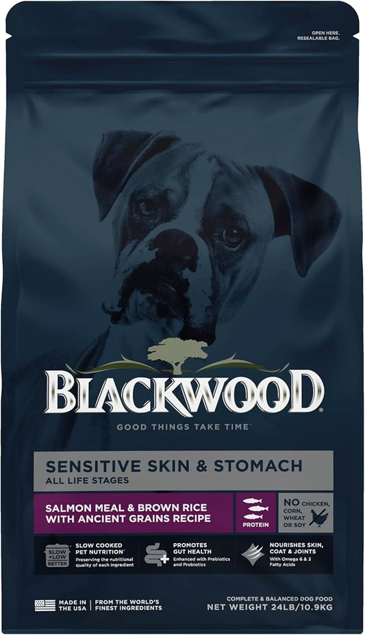 Blackwood Sensitive Skin & Stomach Dry Dog Food, Salmon Meal & Brown Rice with Ancient Grains, 24 Pound Bag with Prebiotics & Probiotics to Promote Gut Health