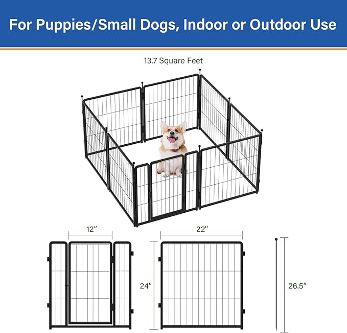 Dog Playpen for Indoor & Outdoor Use – Heavy-Duty Metal Pet Fence with Ground Stakes, Rounded Ball Tops for Safety, Stable & Foldable Design, Easy to Assemble 24 inch 8 Panels