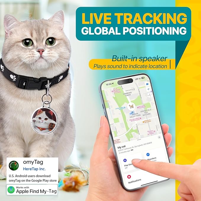 Cat Tracker-Airtag Cat Collar-Pet Tracker-GPS Tracker for Cats | Android and iOS Universal | No Monthly Fee | No Charging Required | Waterproof | Works with Any Collar