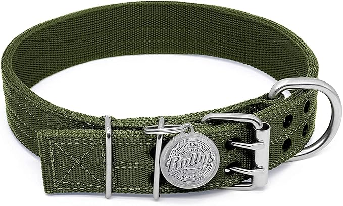 Pit Bull Collar, Dog Collar for Large Dogs, Heavy Duty Nylon, Stainless Steel Hardware (Large, Army Green)