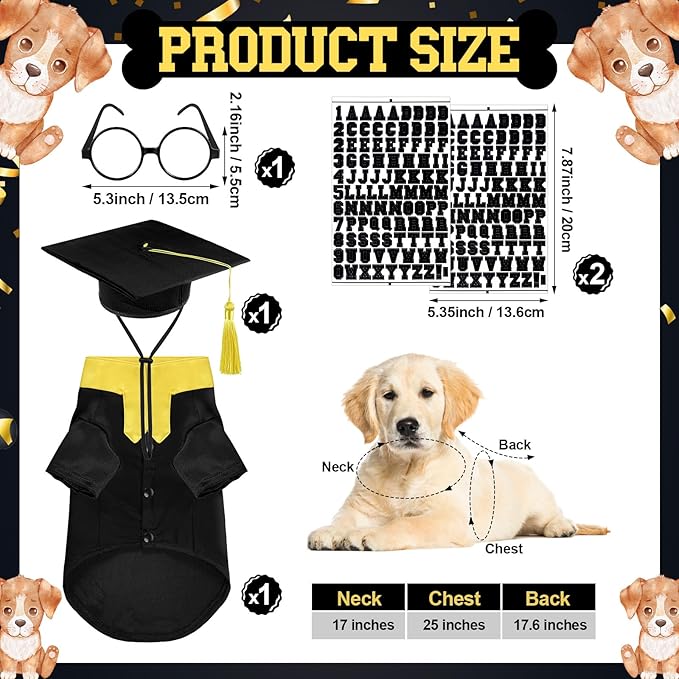 5 Pcs Dog Graduation Costume Set Include 2025 Pet Graduation Gown with Stole Puppy Grad Cap Lensless Glasses DIY Letter Stickers for Dogs Cats Holiday Costume Accessory(Black Yellow,L)