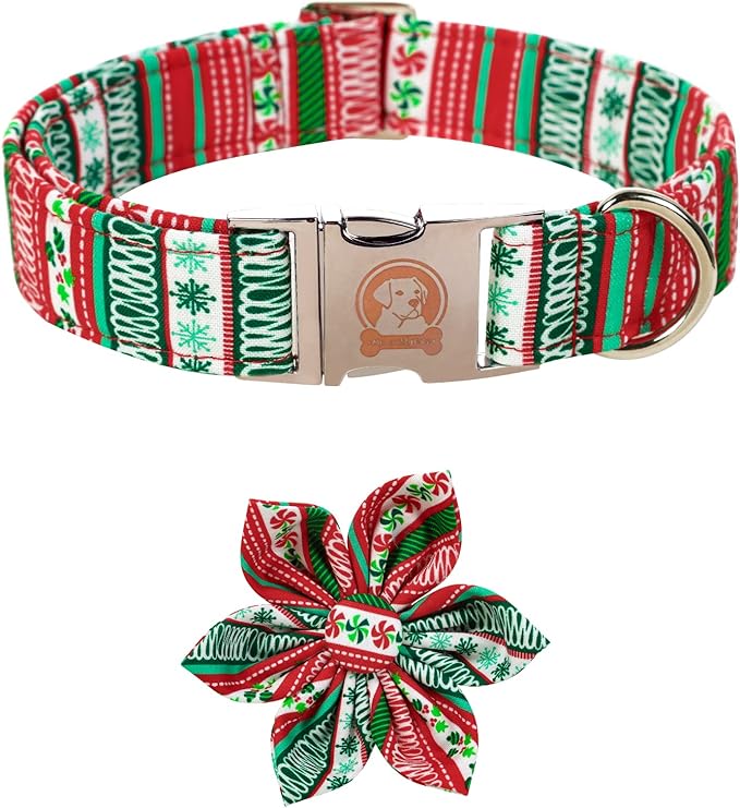 MR. CHUBBYFACE Christmas Plaid Flower Dog Collar for Boy Girl Dogs Adjustable Red Green Dog Collar with Flower for Small Medium Large Dogs