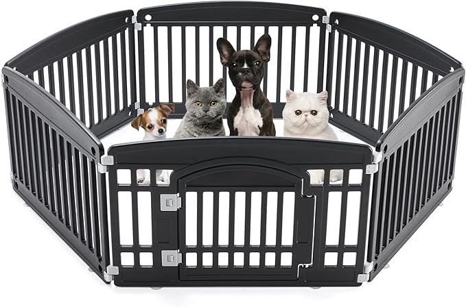 Plastic Dog Playpen | 6-Panel 24" Safe & Secure Indoor/Outdoor Pet Fence | Folding & Portable | 35 x 35 x 24IN, Ideal for Small to Medium Dogs | Easy to Clean （Black）