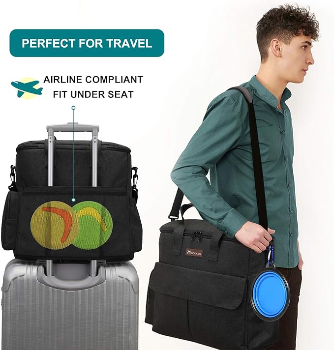 Modoker Dog Travel Bag Dog Travel Kit for a Weekend Away Set Includes Pet Travel Bag Organizer for Accessories, 2 Collapsible Dog Bowls, 2 Travel Dog Food Container (Black)