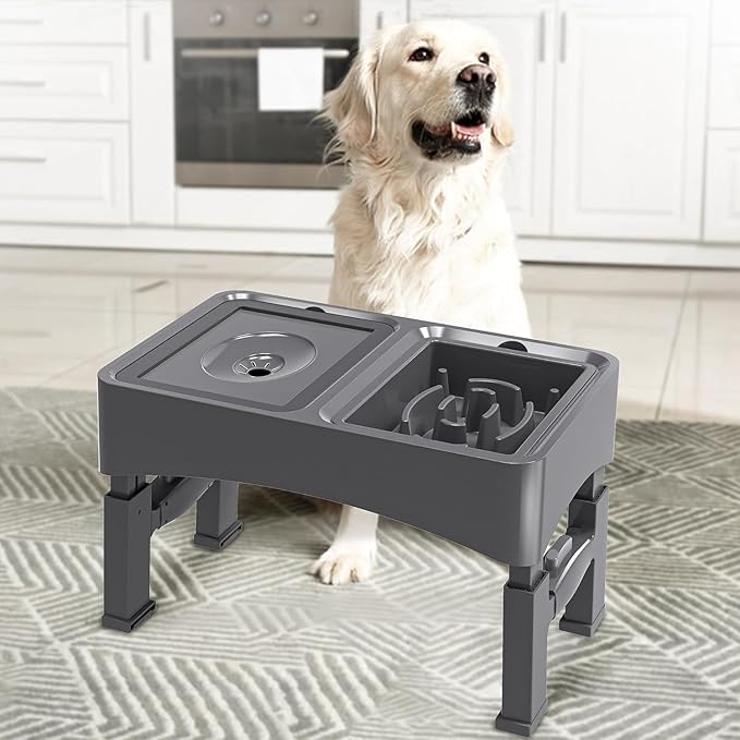 UPSKY 2-in-1 Elevated Bowls Slow Feeder, 4 Height Adjustable Raised Stand No Spill Water Dispenser, Anti-Slip Food and Water Bowl for Small Medium Dogs, Black