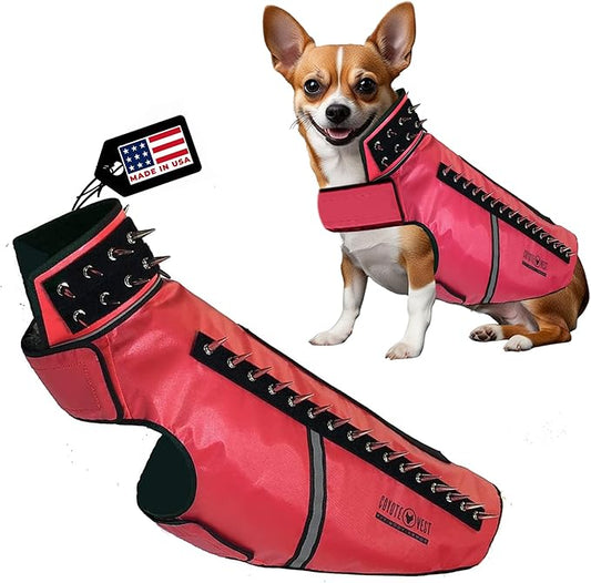 CoyoteVest SpikeVest Dog Harness Vest for Small Dogs, Reflective Dog Vest with Spikes to Shield Your pet from Coyotes, Raptor and Animal Attacks, Anti Hawk Vest, Made in USA (L-Red)