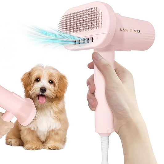 L&W BROS. Low Noise Pet Hair Dryer with Slicker Brush, Overheating Protection, Adjustable Temperature for Grooming (Pink)