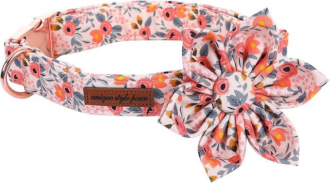Uniqe Style Paws Flower Dog Collar, Peach Rose Adjustable Girl Dog Collar with Flower, Durable Floral Pattern Pet Collar for X-Small Female Dogs