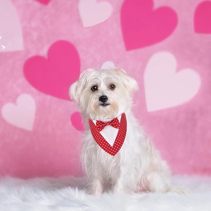 ADOGGYGO Valentine Dog Tuxedo Bandana, Red Heart Pet Tux with Bowtie Adjustable Valentine Costume for Extra Small Dogs Cats (XS)