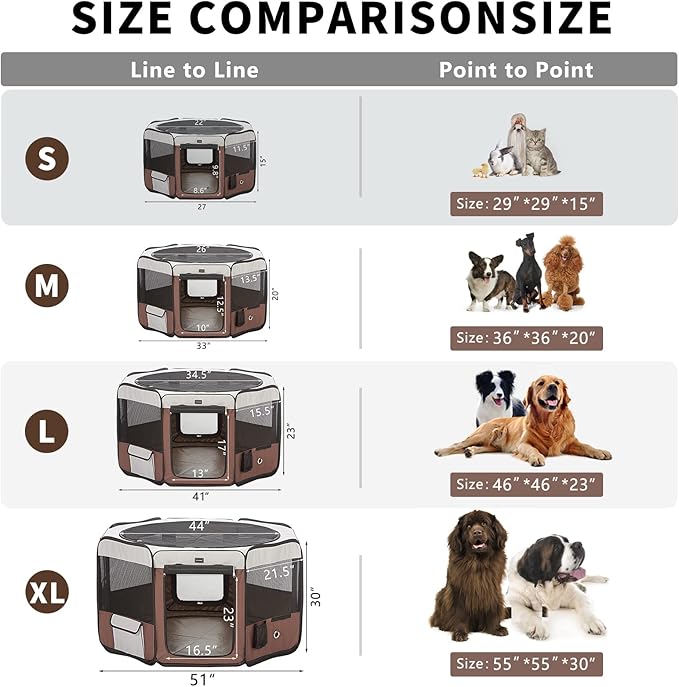 DONORO Dog Playpen 36" Portable Pet Play Pens for Small Dog/Cat/Rabbit/Chicks, Foldable Exercise Kennel Tent Crate Indoor/Outdoor Travel Camping, Removable Top/Bottom (Brown, Medium (36"x36"x20"), 8)