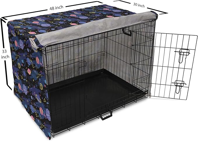 Ambesonne Galaxy Dog Crate Cover, Outer Space Planets Cosmic Journey Milky Way Zodiac Moon Doodle, Easy to Use Pet Kennel Cover for Medium Large Dogs, 48 Inch, Blue Pink