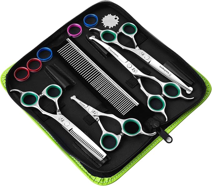 LovinPet Dog Grooming Scissors Set, all Safety Round Tips Professional 6 in 1 Germany Stainless Steel Dog Grooming Scissors Kit,Sharp and Durable Pet Grooming Shears for Dogs Cats for Home and Travel