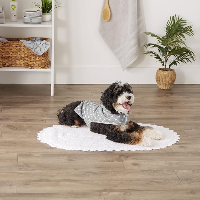 Bone Dry Pet Robe Collection, Trellis Paw Print, Absorbent Microfiber Bath Robe with Adjustable Closure for Dogs & Cats, Small, Gray
