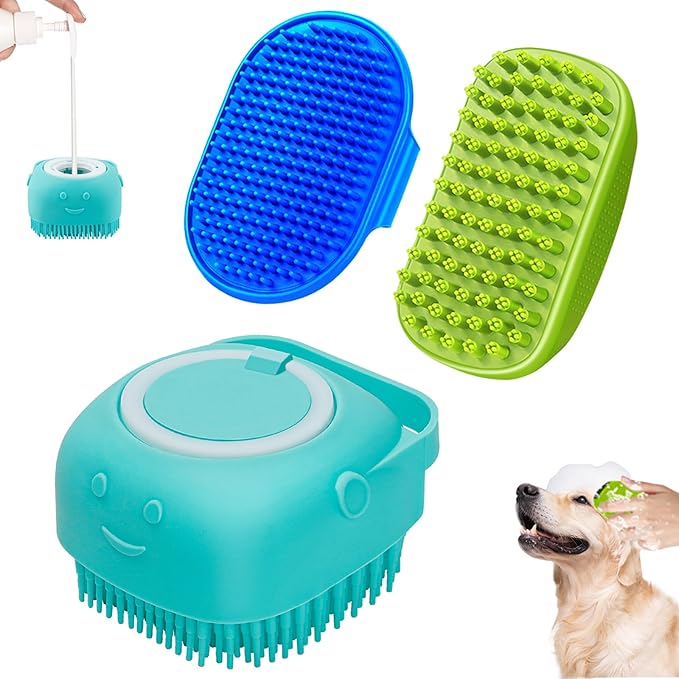 3PCS Dog Bath Brush | Dog Scrubber for Bath | Dog Shampoo Brush | Dog Washing/Shower Brush, Suitable for Short/Long Haired Dogs, Dog Brush for Shedding, Bathing, Massaging & Grooming (Blue Blue Green)
