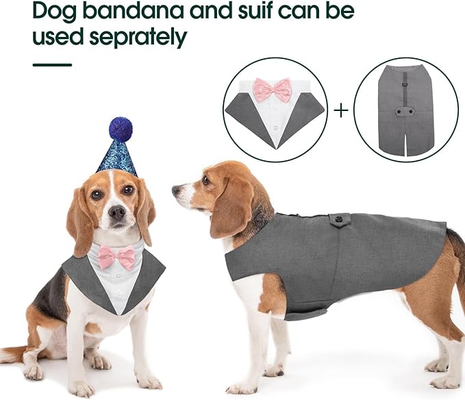 Kuoser Dog Tuxedo Dog Suit and Bandana Set, Dogs Tuxedo Wedding Party Suit, Doggy Prince Bow Tie Shirt Formal Pet Wedding Attire for Large Medium and Small Dogs Golden Retriever Samo Bulldogs