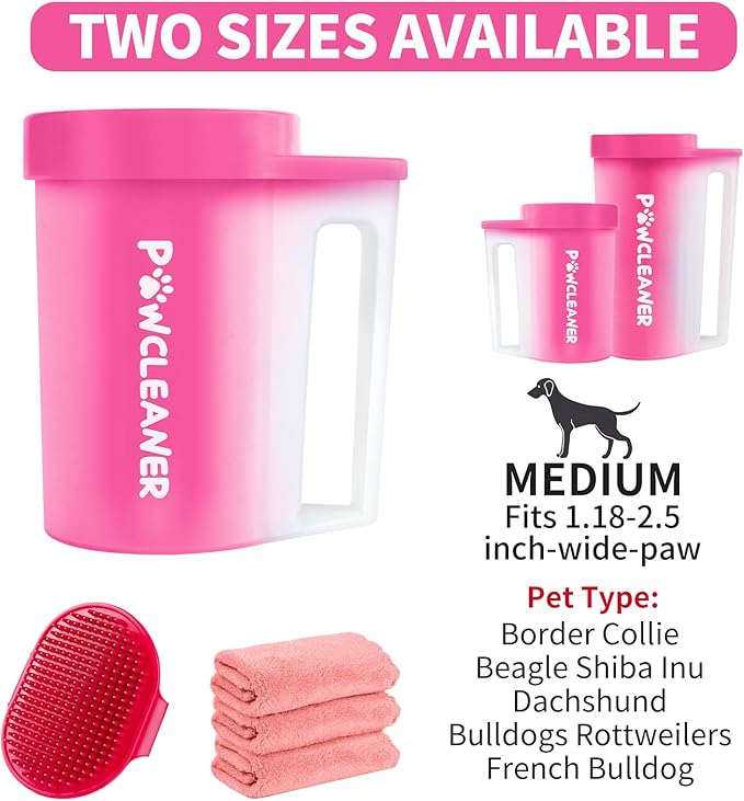 Buddy Muddy Pet Foot Cleaner with Handle, Absorbent Towels & Adjustable Bath Brush for Medium Dogs (Red)