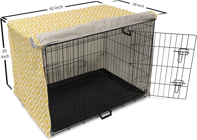 Lunarable Yellow Dog Crate Cover, Geometric Pattern with Ogee Shapes Waves and Curves Design Modern Boho Print, Easy to Use Pet Kennel Cover for Medium Large Dogs, 42 Inch, Yellow and White