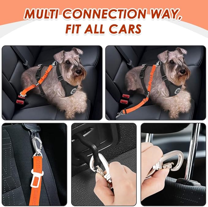 SlowTon Dog Seatbelt, 2 Pack Dog Seat Belt Car Leash Adjustable Elastic Bungee Buffer Heavy Duty Nylon Reflective Pet Safety Tether Connect to Dog Harness for Travel Riding in Vehicle (Daul Clip, OR)