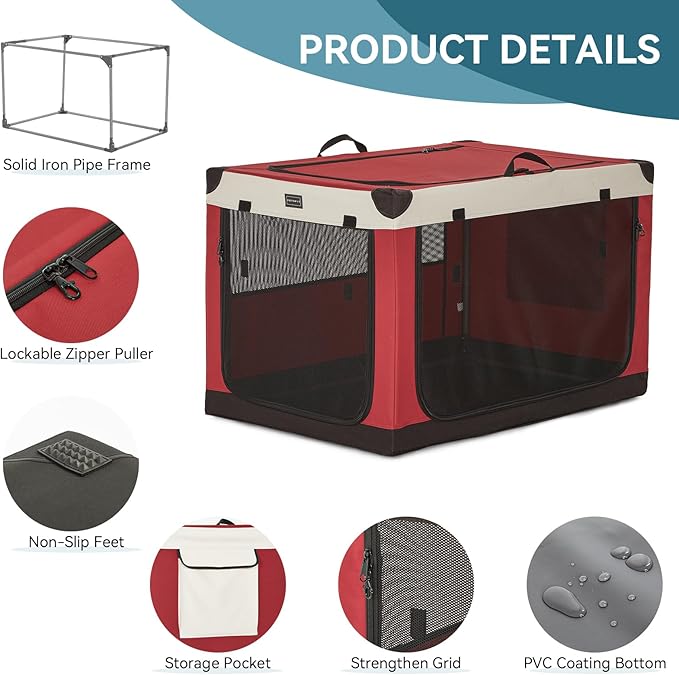 PETSFIT Soft Dog Crate, with Patented Adjustable Fabric Cover, Chewproof & Lockable Mesh Doors, Waterproof Base Portable Kennel Red 36 Inch