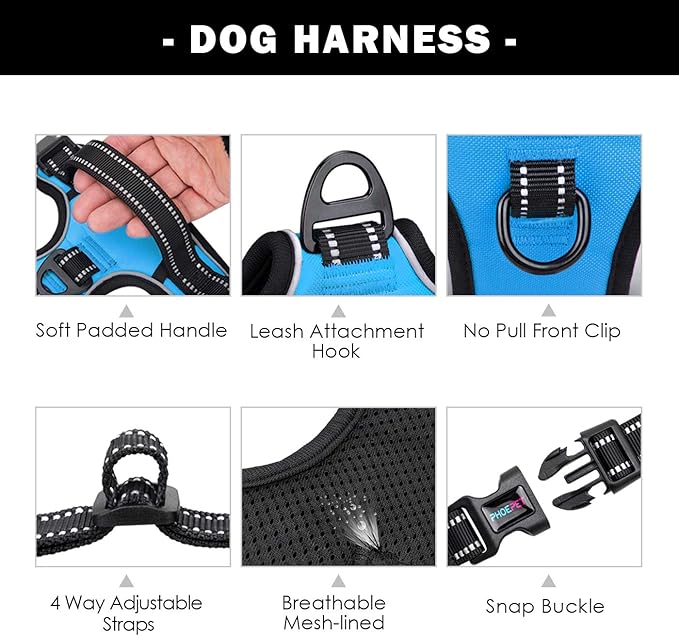 PHOEPET No Pull Dog Harnesses for Small Dogs Reflective Adjustable Front Clip Vest with Handle 2 Metal Rings 3 Buckles [Easy to Put on & Take Off](XS, Blue)