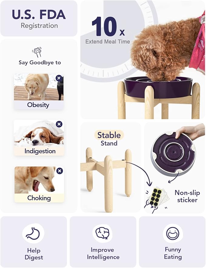 LE TAUCI Ceramic Slow Feeder Dog Bowls Elevated, 3 Cups Raised Dog Bowl with Wooden Stand for Medium Large Breed, Dog Dishes to Slow Down Eating, Puzzle Dog Food Bowl, Maze Purple