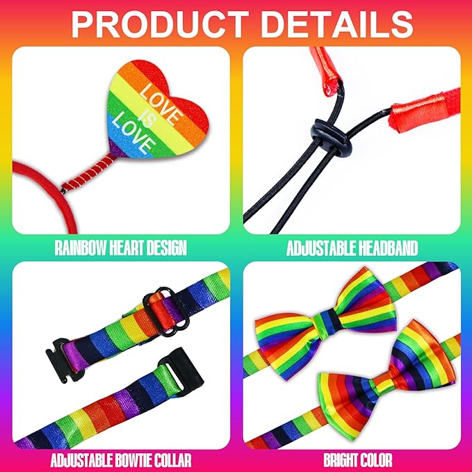 3 PCS Dog Pride Outfit Apparel Clothes, Rainbow Heart Dog Headband Bow Tie Collar for Small Medium Large Dogs (Pride Style 2)