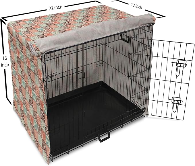 Lunarable Geometric Dog Crate Cover, Western Style Floral Motifs with Vintage Look in Checks, Easy to Use Pet Kennel Cover for Small Dogs Puppies Kittens, 22 Inch, Brown Vermilion