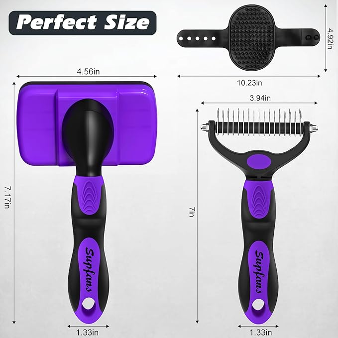 3PCS Dog Brush I Dog Brush for Shedding I Deshedding Dog Brush I Dog Bath Brush I Slicker Brush For Dogs I Dog Comb I Premium Pet Supplies (Purple Black)