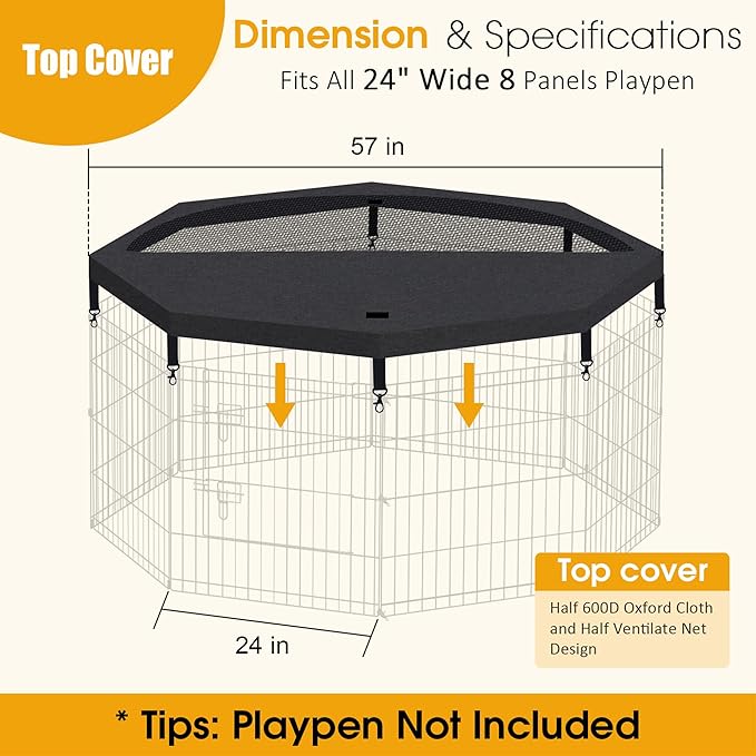 Dog Pet Playpen 8 Panel 24 Inch Top Cover for Small Medium Pets Indoor Outdoor (Only Cover,Playpen Not Included)(Black Top Cover)