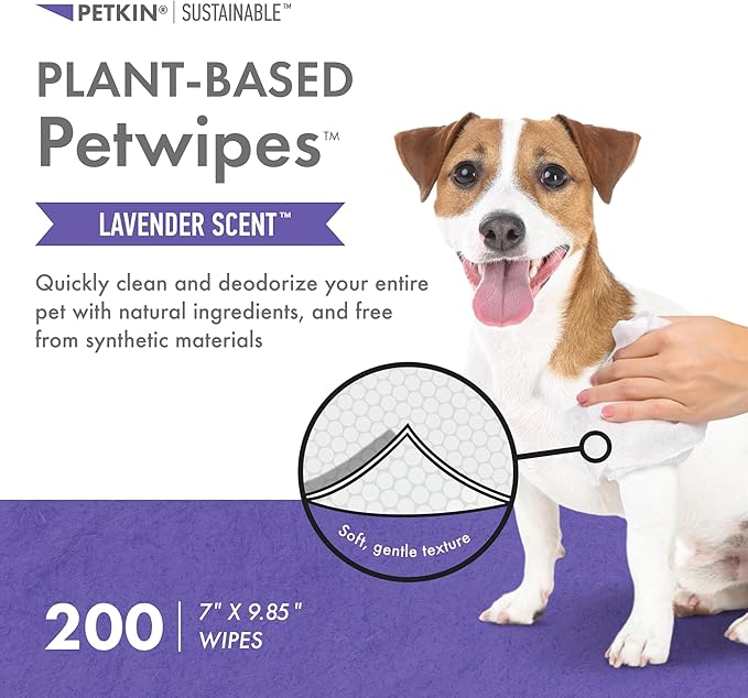 Petkin Plant-Based PetWipes, 200 Wipes - Biobased, Sustainable, Big & Thick Pet Wipes for Dogs & Cats - for Face, Paws, Ears, Body & Eye Area - Consciously Cleans & Conditions - Lavender
