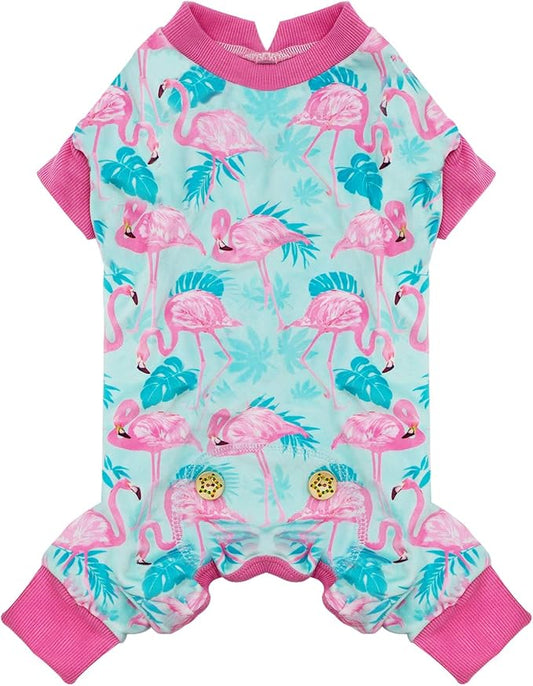 KYEESE Dog Pajamas Stretchy Pet Jammies Coat Comfy Pet Onesie Costume Velvet Dog Pajamas Small Sized Dogs Soft Dogs Clothes Pjs with Flamingo Pattern, Large
