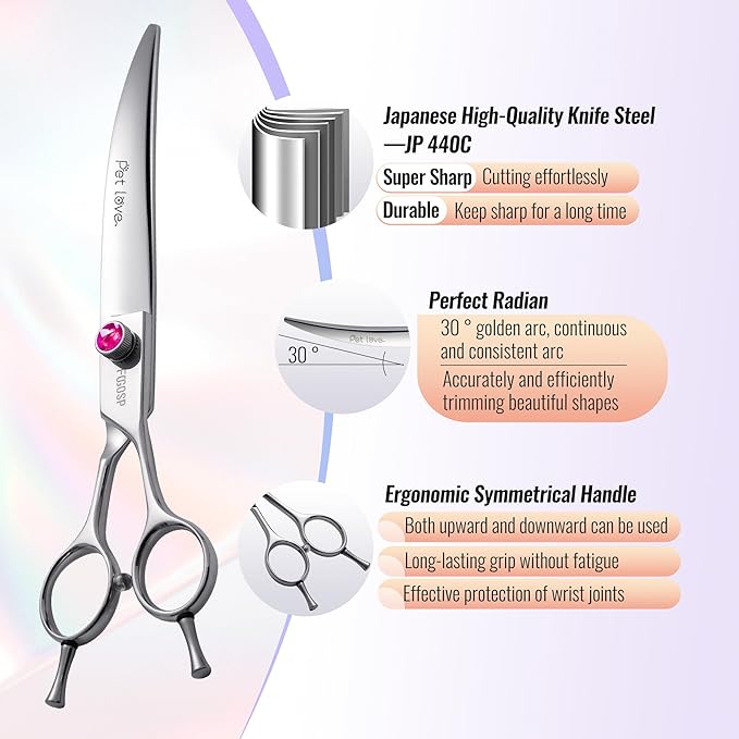 Curved Scissors for Dog Grooming Professional 8 inch Long Downward Curved Shears Dog Grooming for Poodle Large Dog Pet 30°Japanese 440C Stainless Steel Right Handed(8.0'',Curved)