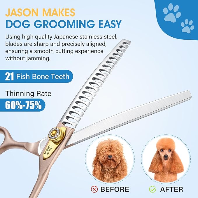 JASON Professional Curved Chunker Shears - 7 Inch Chunker Scissor Dog Grooming Japanese 440C Stainless Steel Diamond Screw with 21 Fishbone Teeth Dog Shears, Rosegold