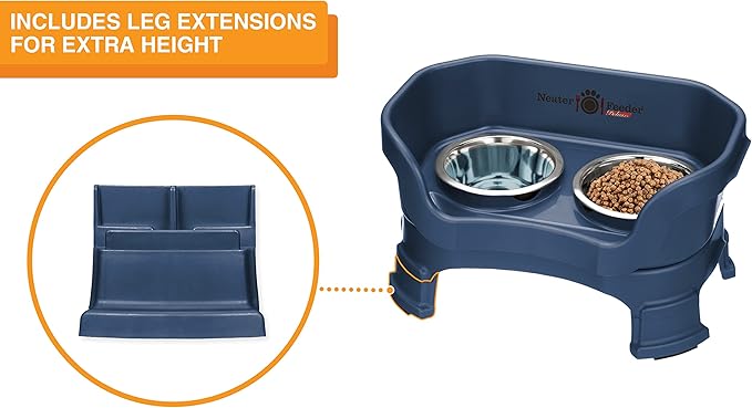 Neater Feeder Deluxe Mess Proof Dog Bowls Elevated for Small Breeds – Made in USA – No Spill Raised Dog Food Bowl Stand w/Leg Extensions – Stainless Steel Dog Food and Water Bowl Set – Dark Blue