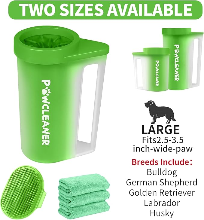 Buddy Muddy Green Pet Foot Cleaner with Handle, Adjustable Bath Brush & Absorbent Towels for Large Dogs