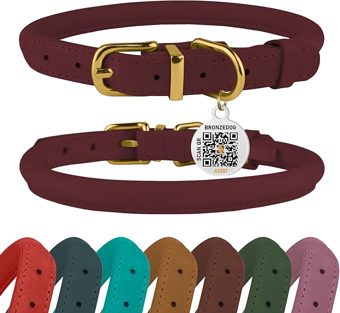 BRONZEDOG Rolled Leather Dog Collar with QR ID Tag Adjustable Soft Round Collars for Small Medium Large Dogs Puppy Cat (7" - 10" Neck Size, Burgundy)