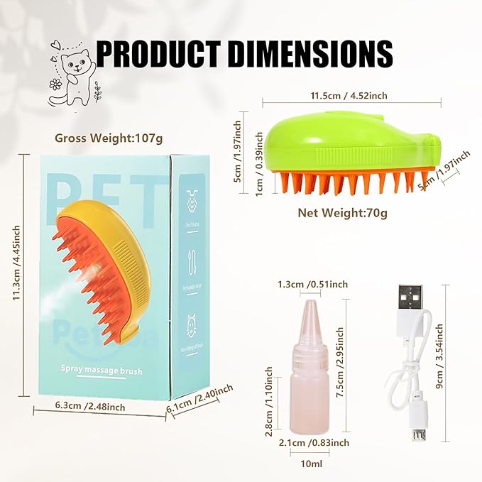 Cat Steam Brush for Dogs and Cats - Defur Comb With Water Spritz for Shedding ALD-001-CO (Random Color-Green or Yellow)