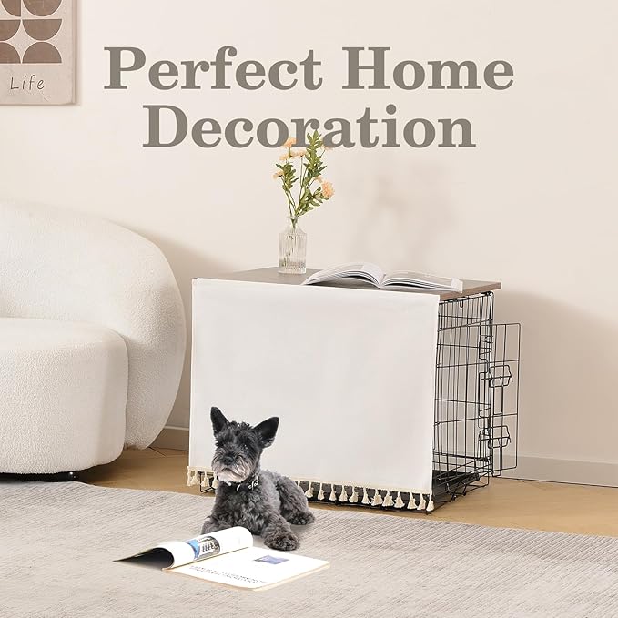 Dog Crate Topper Wood for 24 30 36 42 48 inch Cages, Dog Crate Table Topper Foldable Dog Kennel Topper with Tassel Curtain, Rustic Style Top Rustic Brown(Crate Not Include)